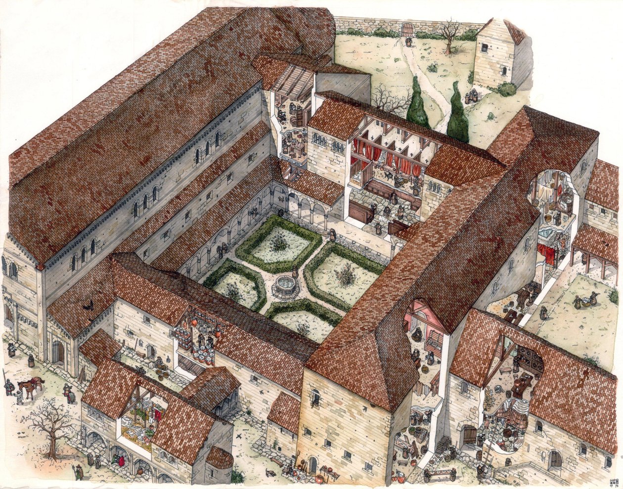 Medeltiden: återskapande av ett kloster och nunnors eller munkars liv. Snitten gör att man kan se de inre scenerna. Illustration av Giorgio Albertini. (Användningen av denna författares verk är inte föremål för en ansökan om tillstånd från en tredje part o av Giorgio Albertini