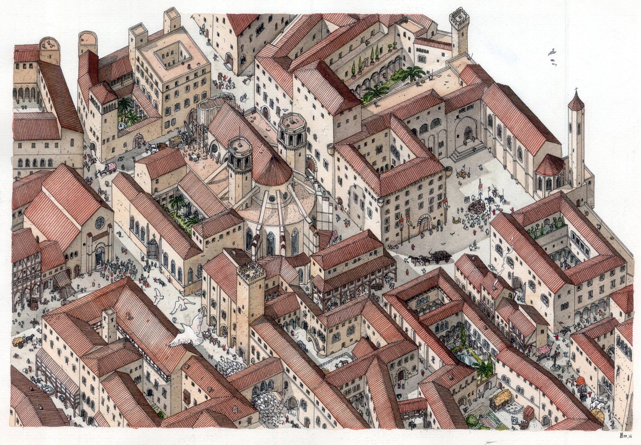 Medeltiden: återuppbyggnad av den historiska stadsdelen Barri Gotic (barrio gotico) i Barcelona på 1300-talet. Katedralen Sainte-Eulalie (Saint Eulalie) är synlig. Spanien Illustration av Giorgio Albertini. (Användningen av denna författares verk är inte u av Giorgio Albertini