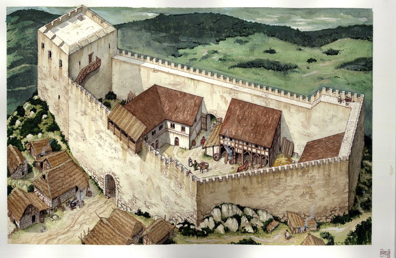Medeltiden: rekonstruktion av katharslottet Montsegur (färdigställt på 1200-talet), Ariege, Frankrike. av Giorgio Albertini