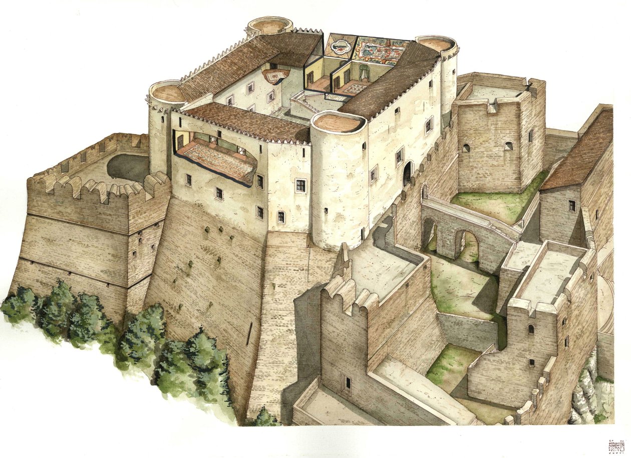 Medeltiden: rekonstruktion av slottet Santa Severina, byggt på 1000-talet, i Catanzaro. Kalabrien Italien Illustration av Giorgio Albertini. (Användningen av denna författares verk är inte föremål för en ansökan om tillstånd från en tredje part eller till av Giorgio Albertini
