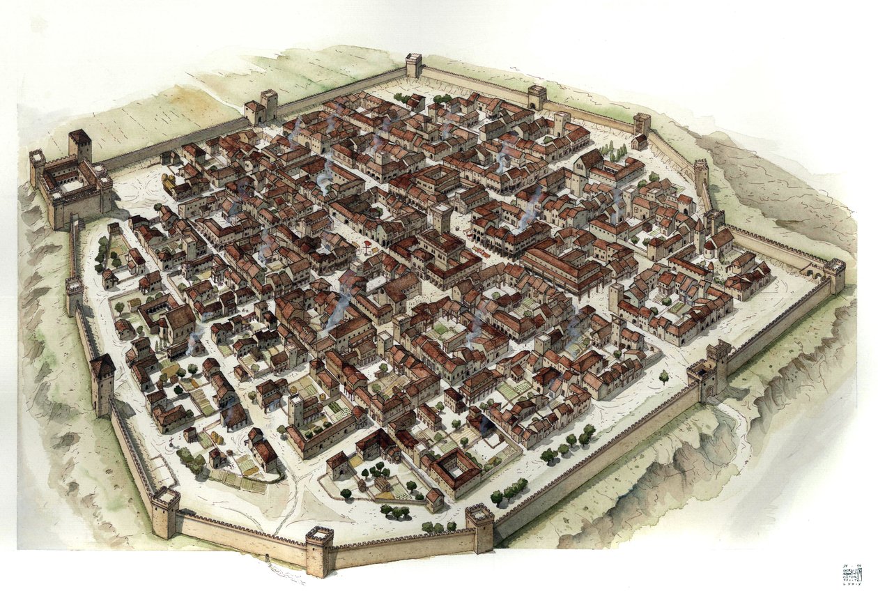 Medeltiden: rekonstruktion av den befästa staden Cherasco (Piemont) vid tiden för dess grundande på 1200-talet, Italien av Giorgio Albertini