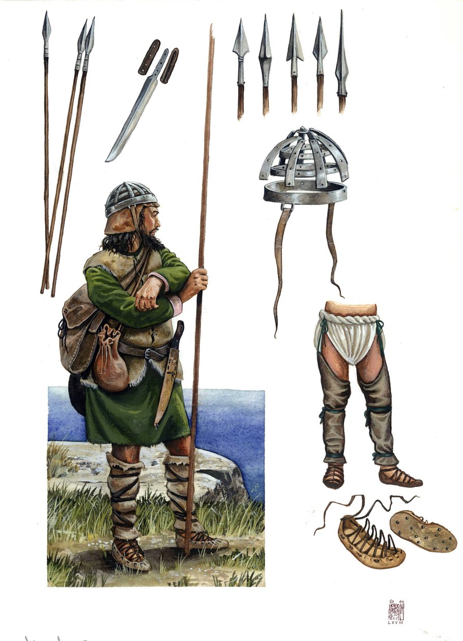 Medeltiden: representation av en Almogavra, legosoldat från kungariket Aragonien Katalonien runt 1300-talet: beskrivning av vapnen och deras dräkt. av Giorgio Albertini