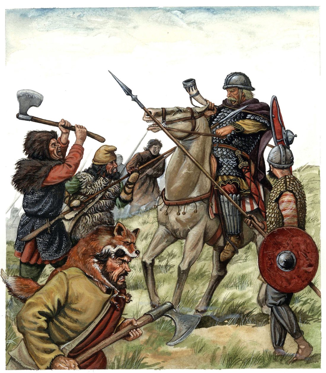 Medeltiden: scen från slaget vid Roncesvaux (spanska Baskien), Franc ryttare från Karl den stores armé mot morerna år 778. Illustration från 8:e århundradet av Giorgio Albertini. av Giorgio Albertini