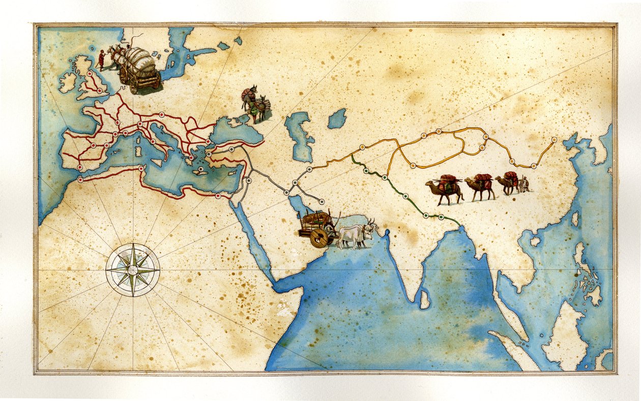 Medeltiden: huvudvägarna genom Europa (romerska vägar), skalvägar (Jerusalem), Sidenvägen till Kina. av Giorgio Albertini