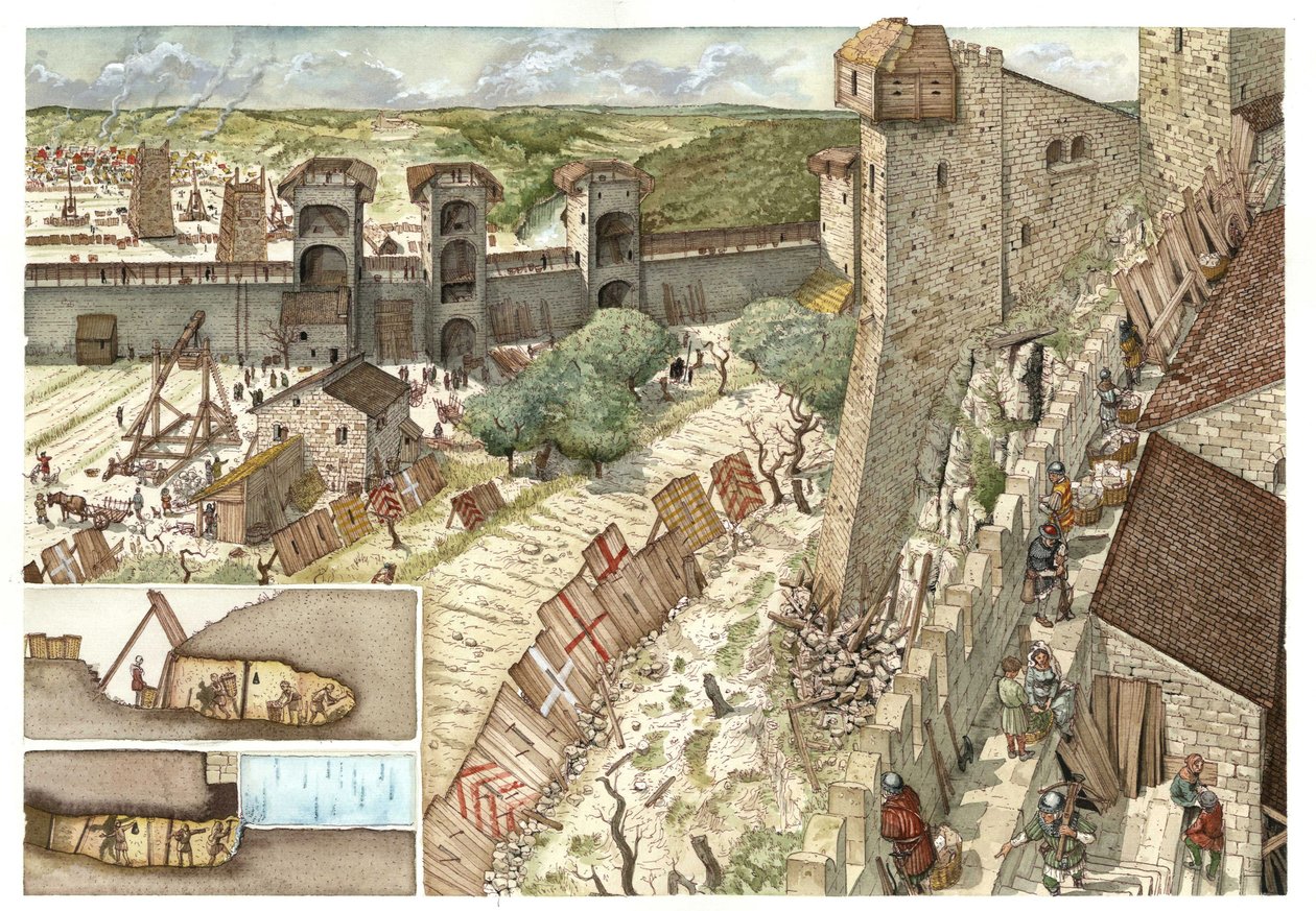 Medeltiden: belägringen av staden Viterbo (Viterbo) nära Rom, eftertraktad av Guelferna, anhängare av påven och av Gibelinerna, anhängare av kejsar Fredrik II Hohenstaufens (1194-1250) armé år 1240. Italien. Nedan till vänster finns en beskrivning av av Giorgio Albertini