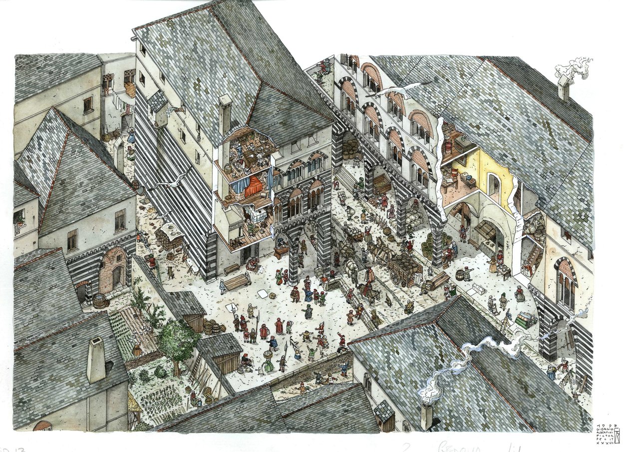 Medeltiden: vy över ett palats för handelsadeln (Curia eller curia) i Genes på 1400-talet, gatuscener, Italien Illustration av Giorgio Albertini. av Giorgio Albertini