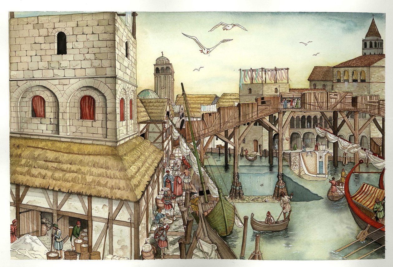 Medeltiden: vy över Rialtobron på 1000-talet och aktiviteter i Venedig, Italien. av Giorgio Albertini