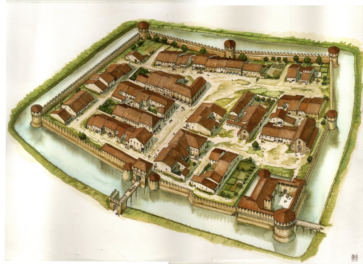 Medeltiden: vy över den befästa staden Bagnara di Romagna i slutet av 1400-talet. Italien: Italien av Giorgio Albertini