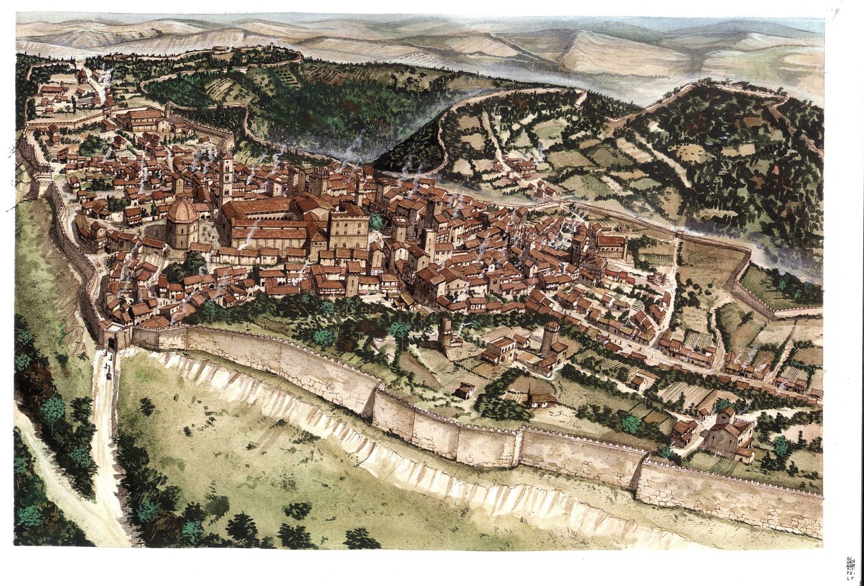 Medeltiden: vy över den medeltida staden Volterra, omgiven av vallar, på 1300-talet. Toscana. Italien Illustration av Giorgio Albertini. (Användningen av denna författares verk är inte föremål för en ansökan om tillstånd från en tredje part eller till t av Giorgio Albertini