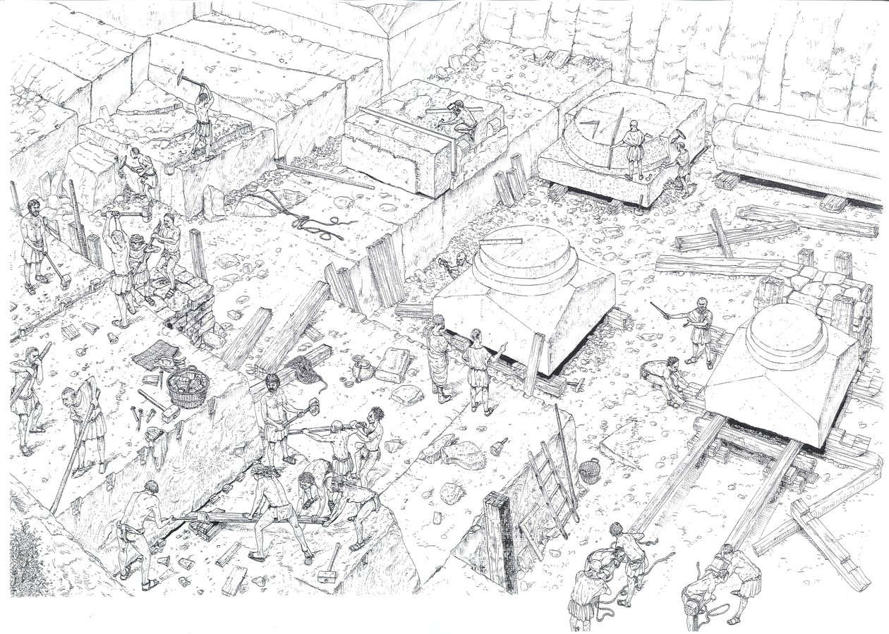 Medeltiden: vy föreställande arbetare som arbetar i marmorbrotten i Carrara (Carrara) på 1400-talet. Italien Illustration av Giorgio Albertini. (Användningen av denna författares verk är inte föremål för en ansökan om tillstånd från en tredje part o av Giorgio Albertini