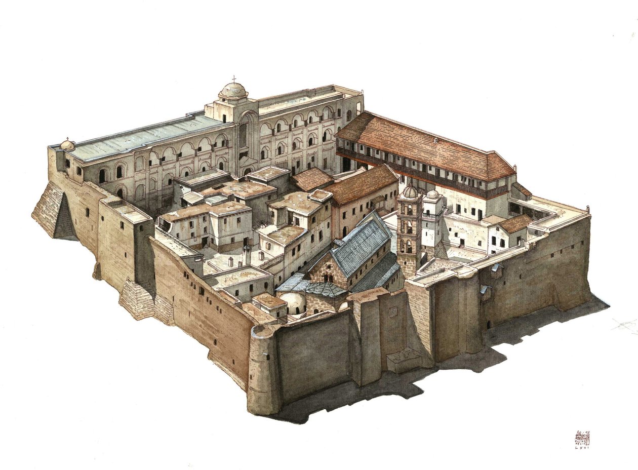 Översikt över det ortodoxa klostret S:ta Katarina av Sinai i Egypten. Illustration av Giorgio Albertini. (Användningen av denna författares verk är inte föremål för en ansökan om tillstånd från en tredje part eller för betalning av ytterligare avgifter). av Giorgio Albertini