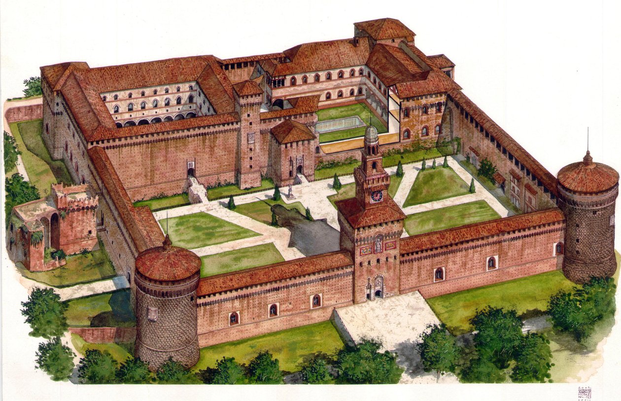 Översikt över Sforzaslottet (Castello Sforzesco) som byggdes av hertig Francesco Sforza på 1400-talet i Milano, Italien. av Giorgio Albertini