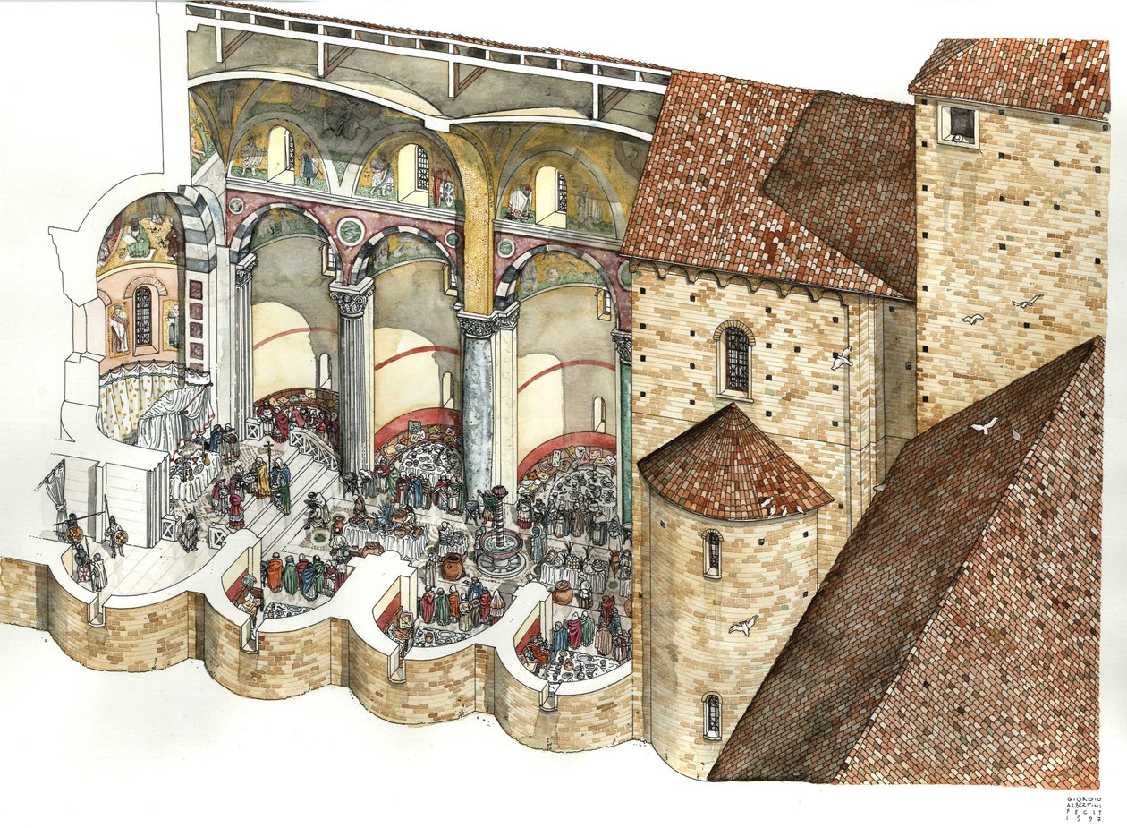Återuppbyggnad av S:t Johannes Laterans basilika (S:t Johannes Laterano eller San Giovanni in Laterano) på 800-talet: den arkitektoniska koppen gör det möjligt att se triklinium och invigningsceremonin för en påve. Rom av Giorgio Albertini