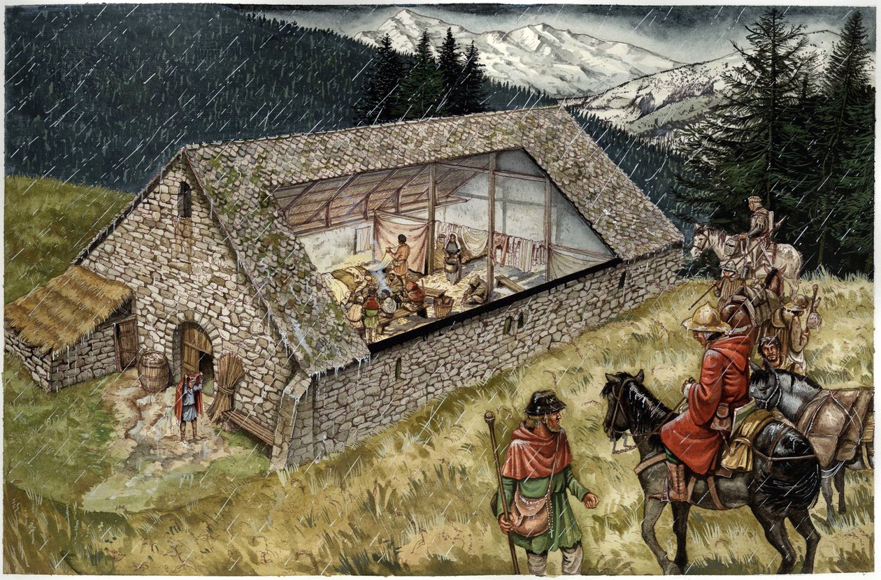 Rekonstruktion av ett sjukhus (hospice eller tillflyktsort) av peleriner i Moncenisio (Montcenis) i Alperna, Italien av Giorgio Albertini