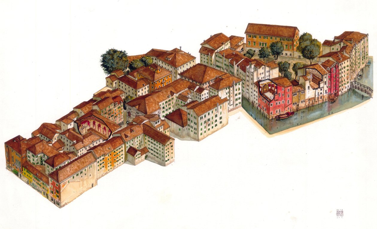 Återuppbyggnad av det judiska ghettot i Venedig, med synagogor, i stadsdelen Cannaregio i Italien. av Giorgio Albertini