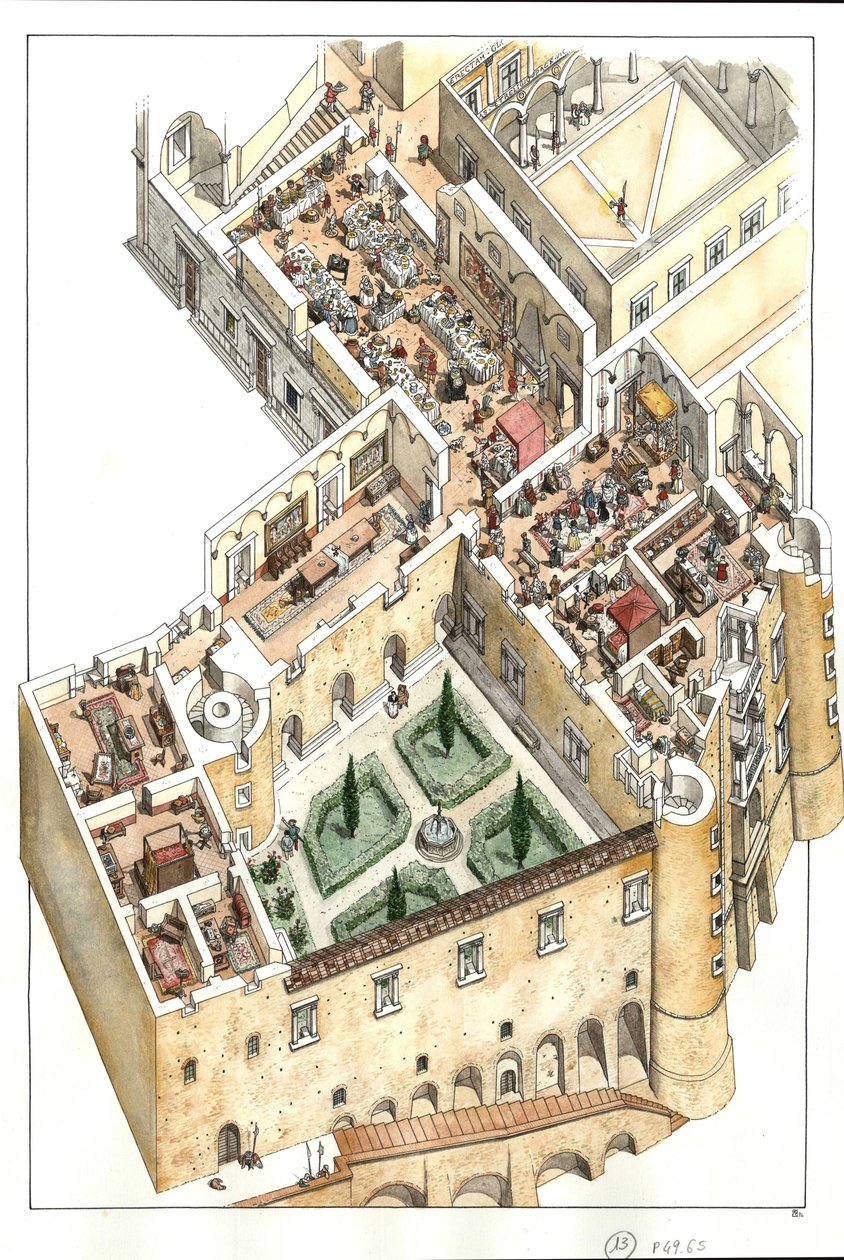 Rekonstruktion av det adliga golvet i hertigpalatset i Urbino, Italien. Det byggdes av hertig Federico da Montefeltro (Frederic de Montefeltre, hertig av Urbino) på 1400-talet. av Giorgio Albertini