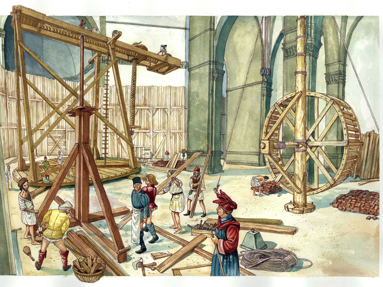 Renässans: rekonstruktion av byggarbetsplatsen för kupolen i kyrkan Santa Maria del Fiore (Duomo) efter ritningar av arkitekten Filippo Brunelleschi. 1436. Florens Italien Illustration av Giorgio Albertini. (Användningen av denna författares verk är inte av Giorgio Albertini