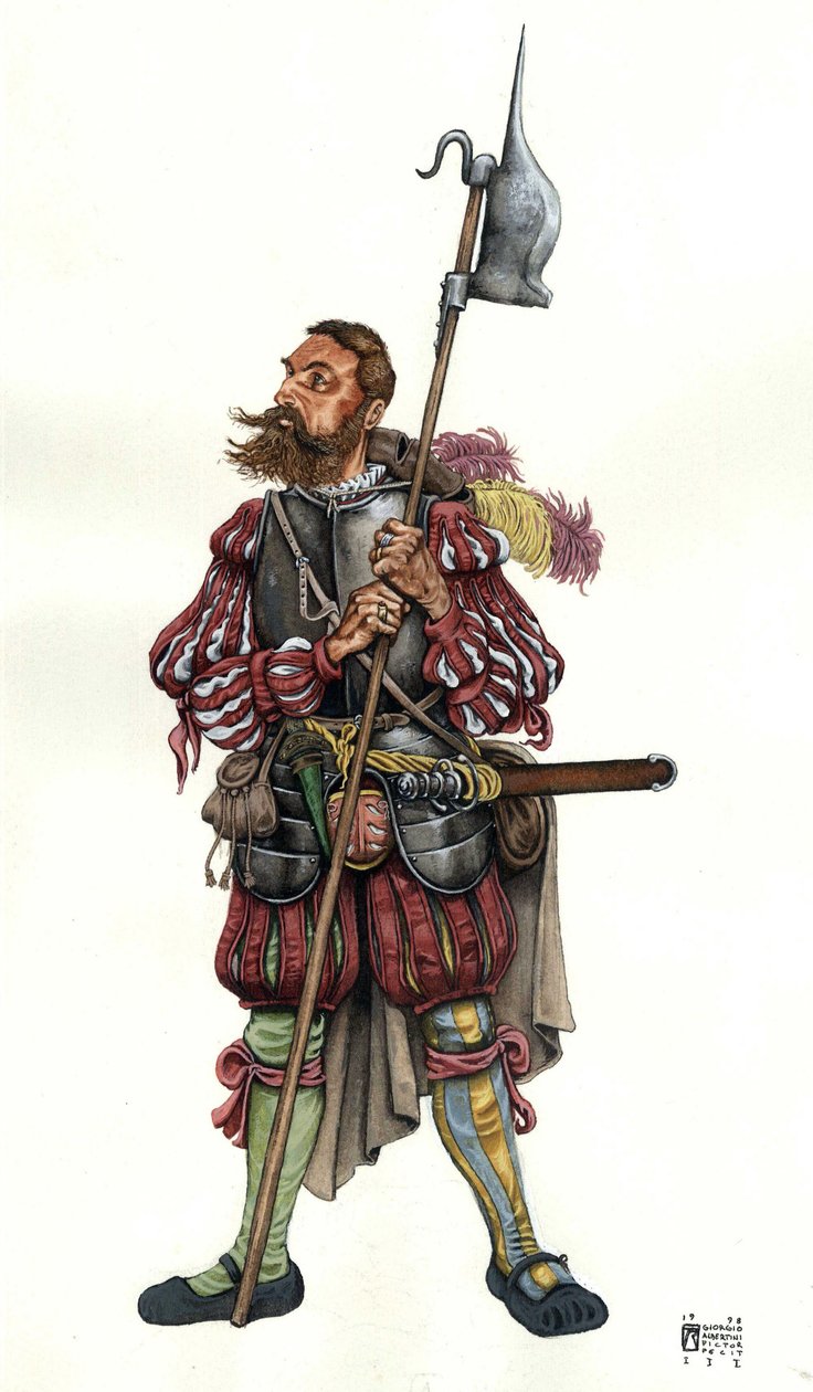 Avbildning av en lansquenet (Lanzknecht), en tysk legosoldat i en herres tjänst. 1500-talet av Giorgio Albertini