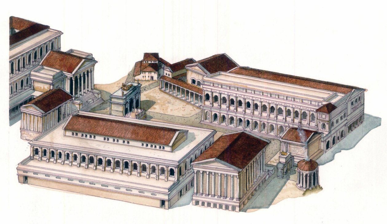 Roman antiquite: återskapande av det romerska forumet (foro romano) under kejsar Augustus (Caius Julius Caesar Octavianus Augustus) tid (63 f.Kr.-14 e.Kr.) av Giorgio Albertini