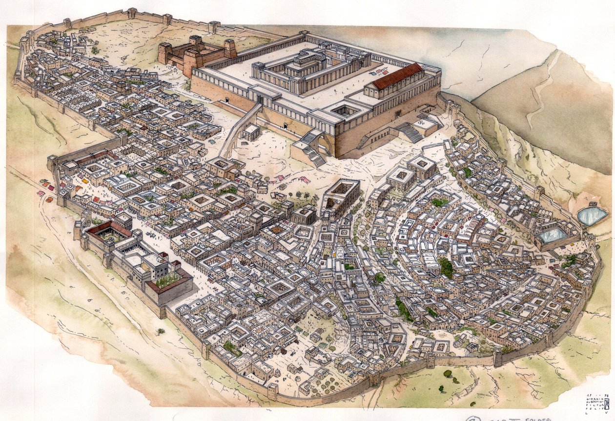 Romersk antikvitet: återskapande av staden Jerusalem, templet dominerar staden, bredvid fästningen Antonia, som hyste den romerska garnisonen. Israel, den här staden. av Giorgio Albertini