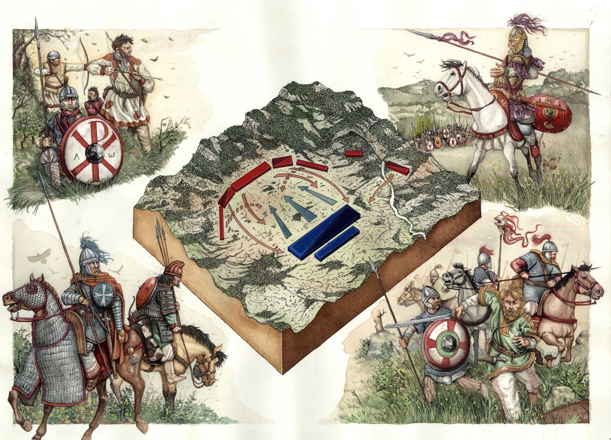 Goternas krig (535-553) mellan bysantinerna och ostrogoterna: slaget vid Taginae i juli 552, som gjorde det möjligt för Justinianus bysantiner att marschera in i Rom från Ravenna. av Giorgio Albertini