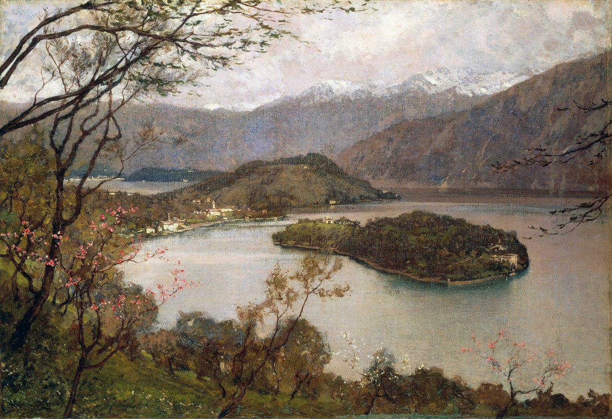 Utsikt över Comacina Island, Comosjön, av Giorgio Belloni (1861-1944), olja på duk, 69,5x100 cm av Giorgio Belloni