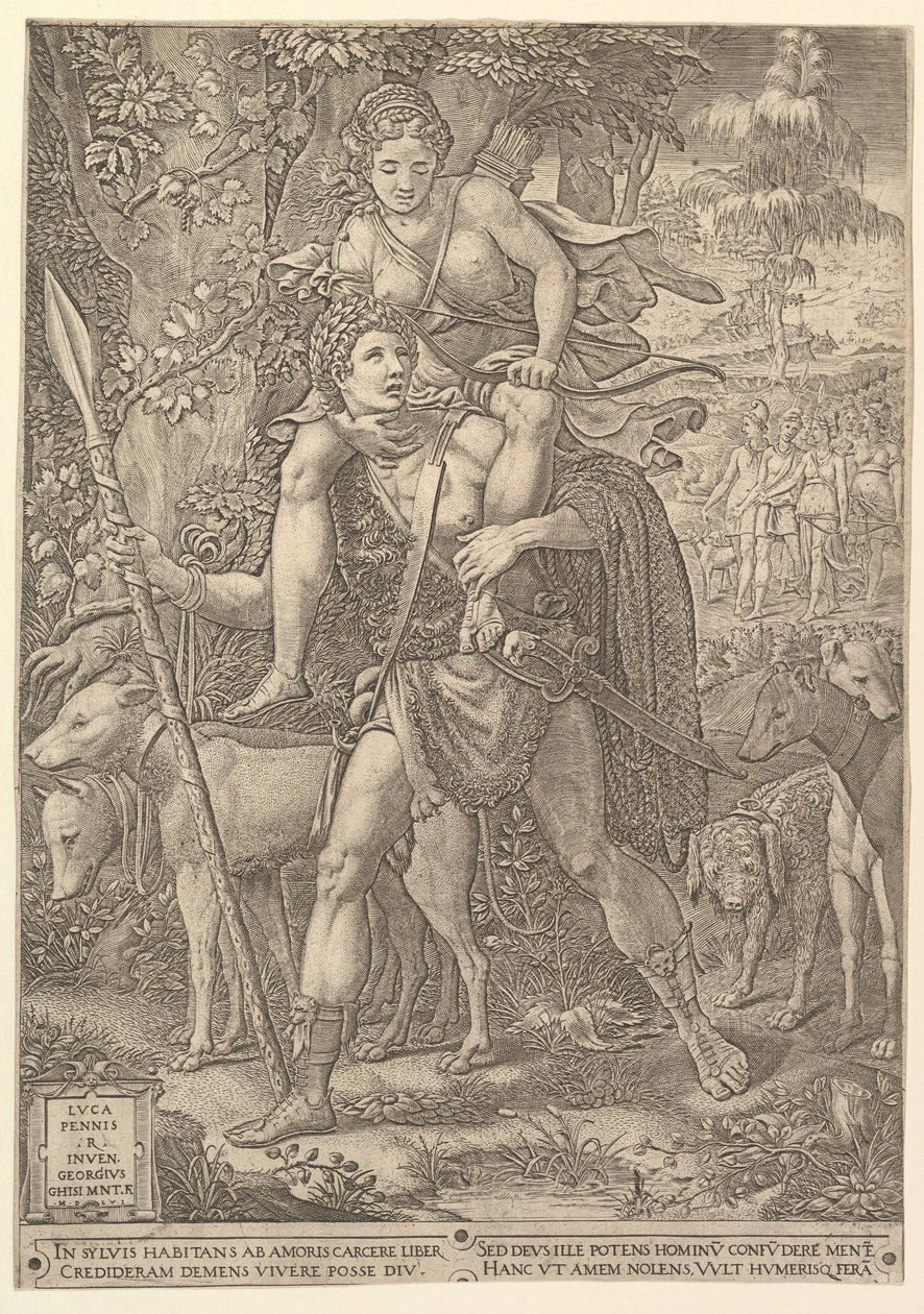Allegory of the Hunt, en jägare som håller ett stort spjut som bär en kvinna Diana på sin shou..., 1556. av Giorgio Ghisi