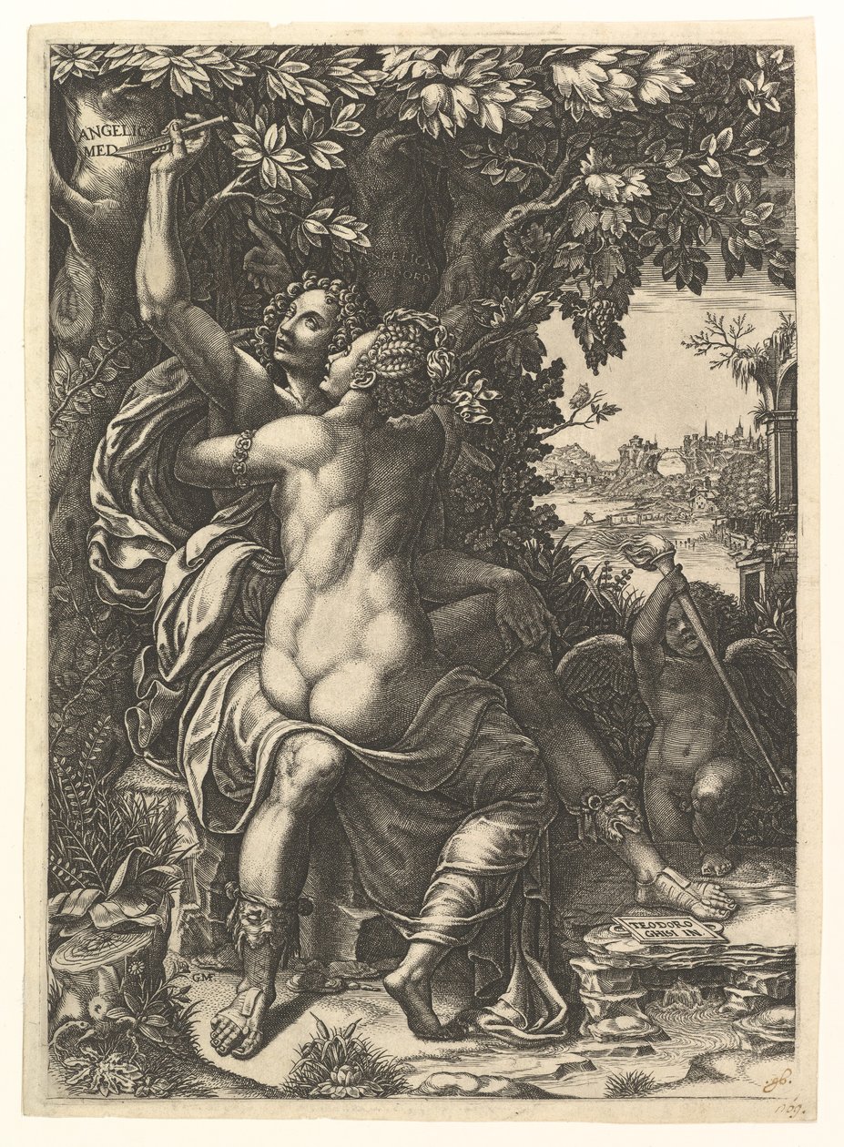 Angelica och Medoro, paret som omfamnar, Medoro ristar sina namn i barken på en..., ca. 1570. av Giorgio Ghisi