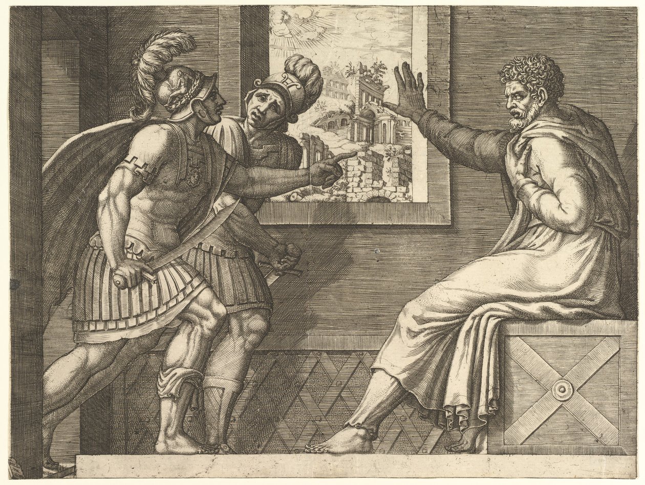 Caius Marius i fängelse, två cimbriska soldater som går in i hans cell, 1560-69. av Giorgio Ghisi