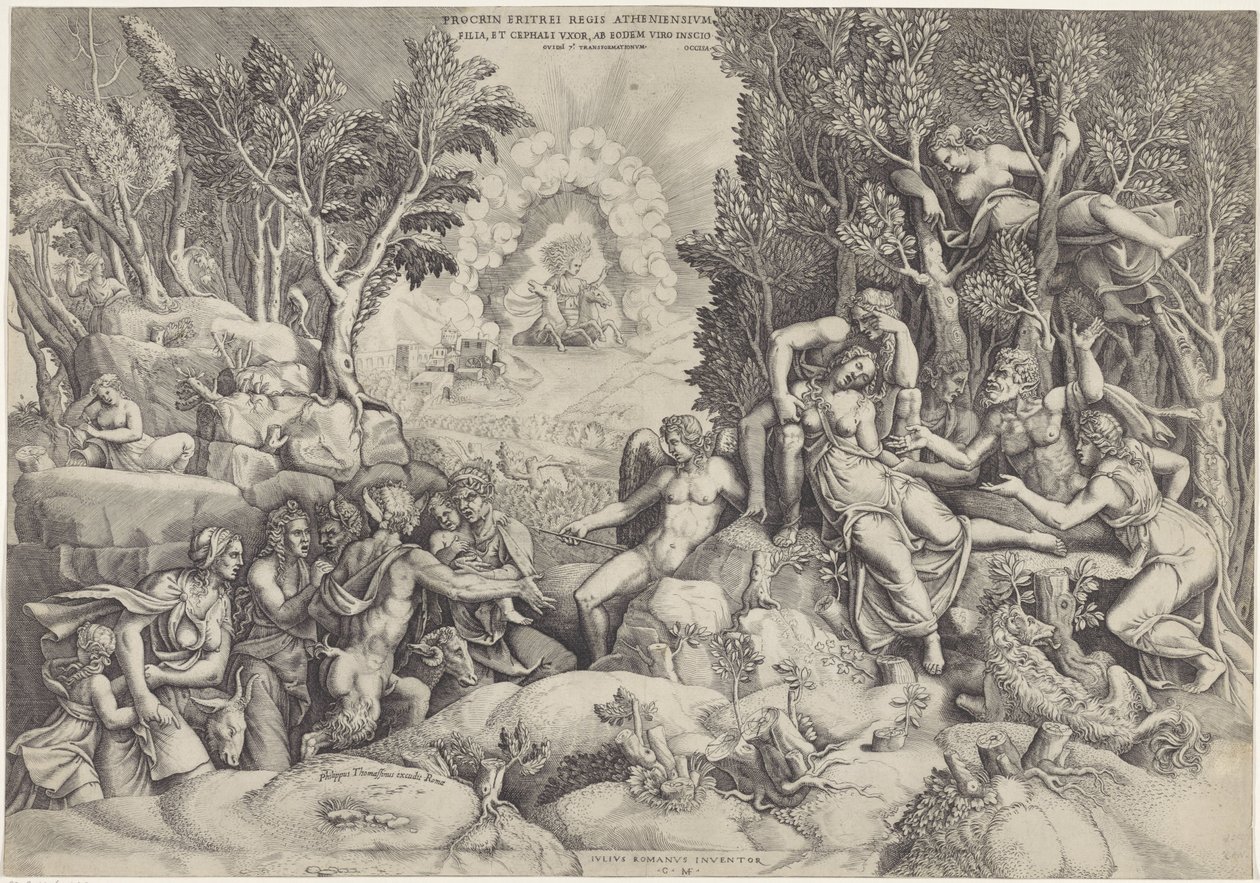 Cephalus en de Bosgoden beweenen de dood van Procris Procrinus av kungen av Aten / Dotter och hustru till Cephalus, av samma make omedvetet (titel på objekt) av Giorgio Ghisi