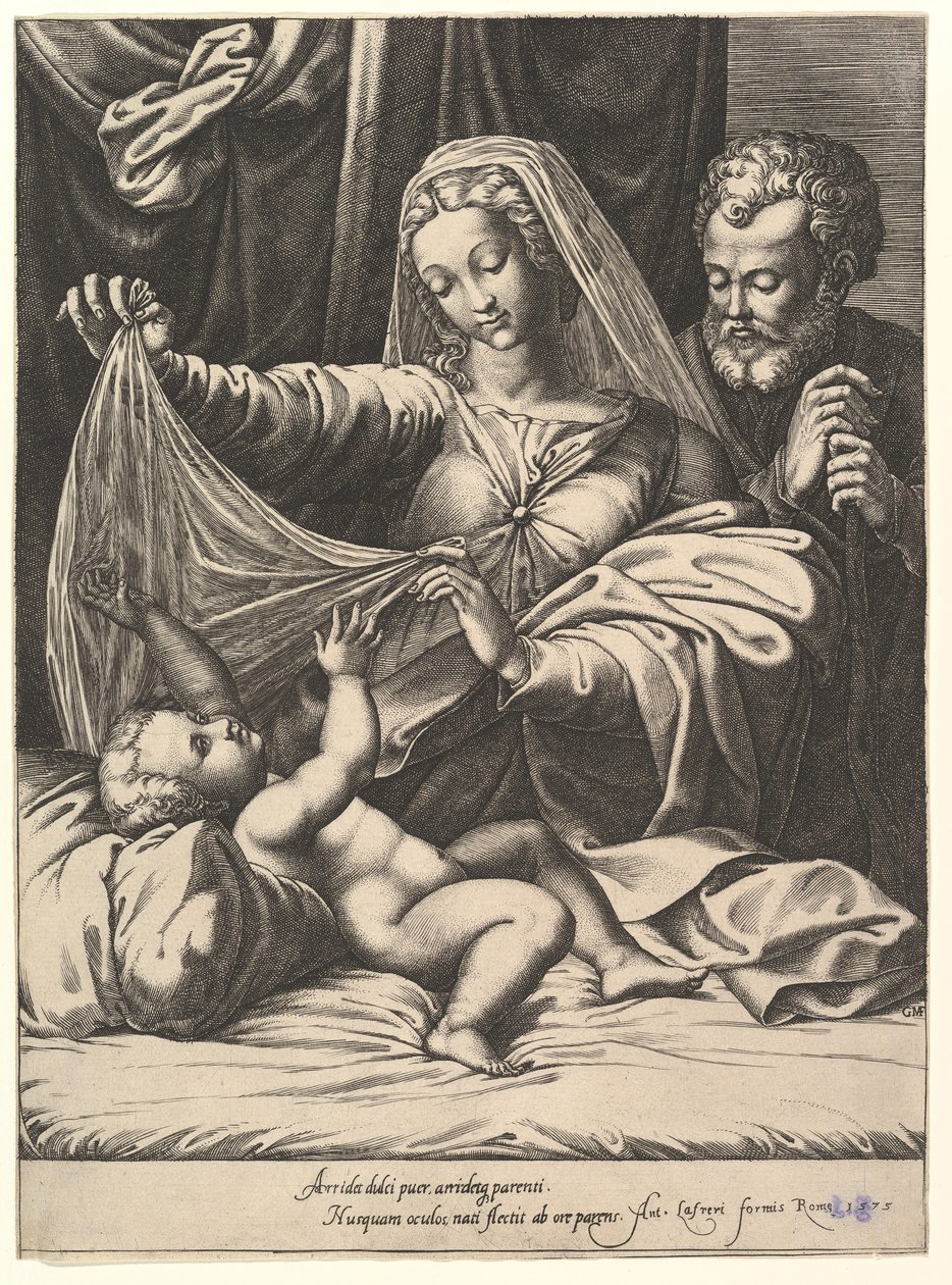 Madonna av Loreto, Jungfrun lyfter en slöja över barnet, som ligger på en säng och kudde..., 1575. av Giorgio Ghisi