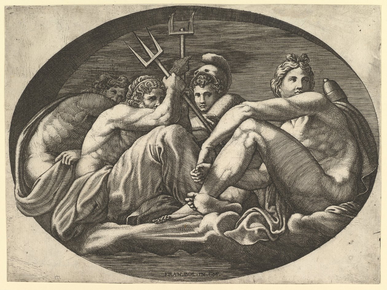 Pluto, Neptunus, Minerva och Apollo, från en serie om åtta kompositioner efter Francesco P..., 1560-talet. av Giorgio Ghisi