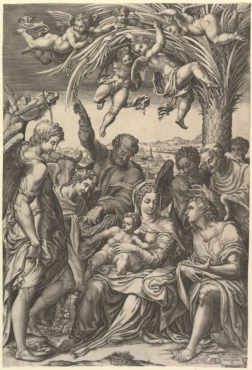Vila på flykten till Egypten, den heliga familjen under en palm omgiven av änglar, uttryckt..., 1578. av Giorgio Ghisi