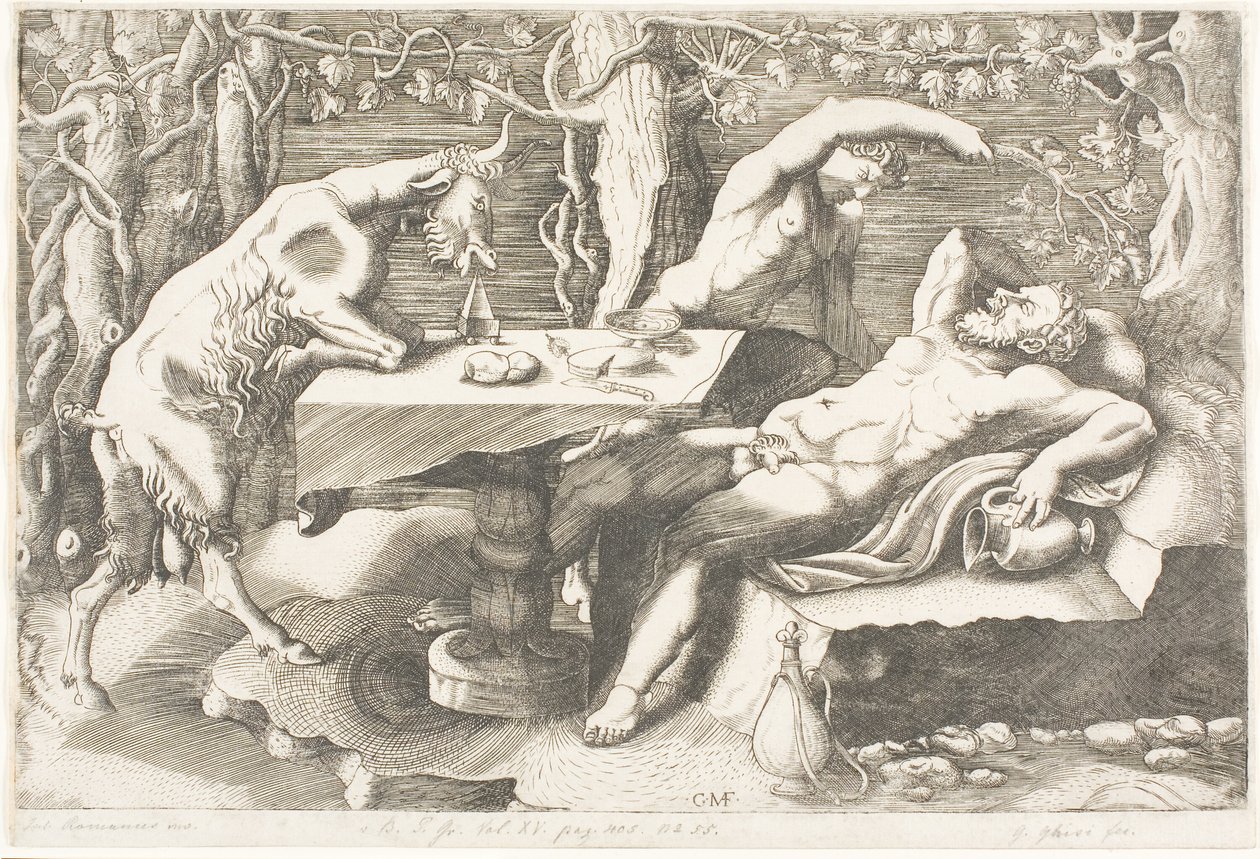 Satyr försöker väcka Silenus med en vinranka av Giorgio Ghisi