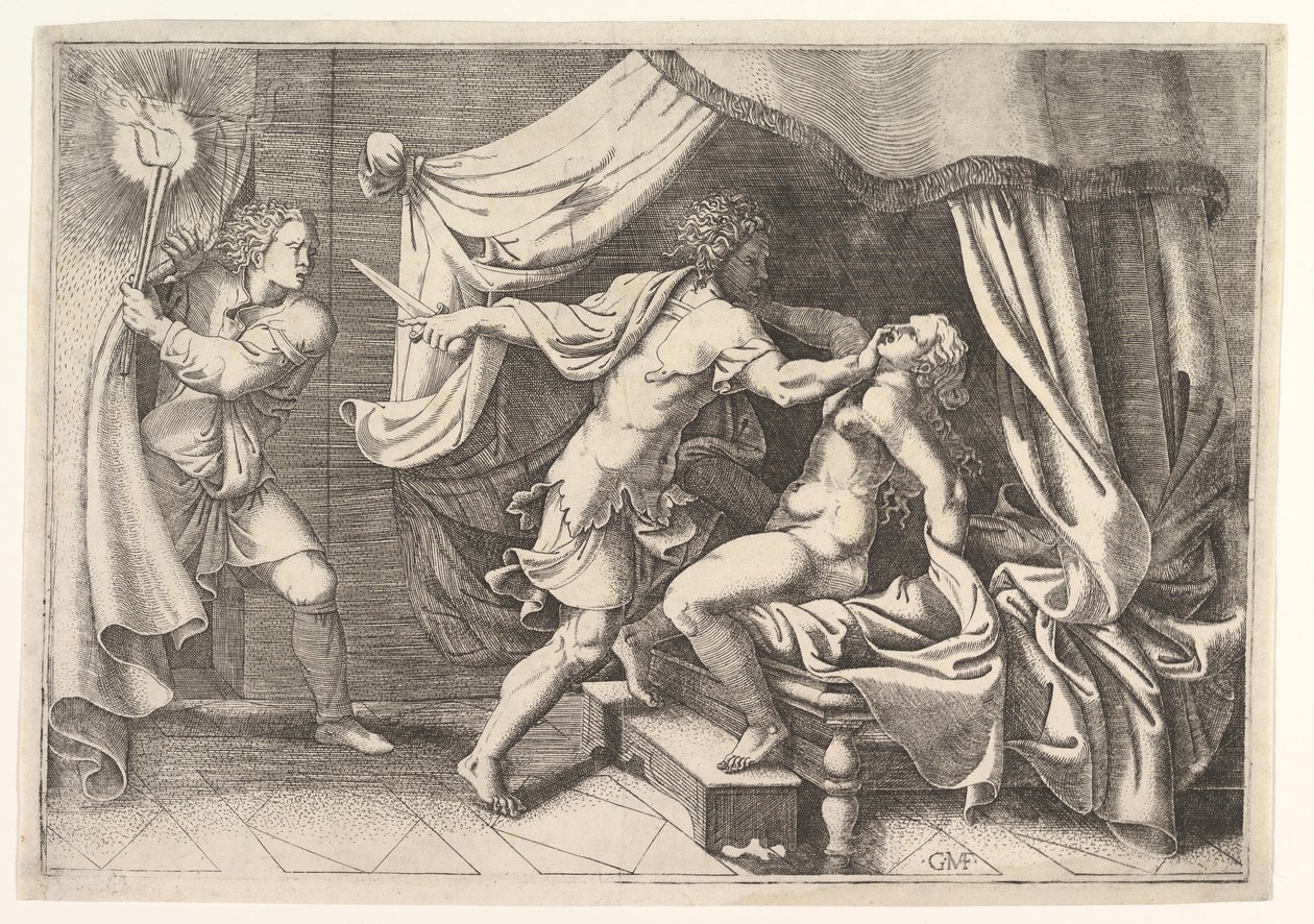 Tarquin attackerar Lucretia, en tjänare till vänster som bevittnade platsen, ca. 1540. av Giorgio Ghisi