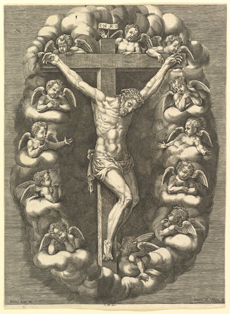 Den korsfäste Kristus omgiven av sörjande änglar, 1575-1679. av Giorgio Ghisi