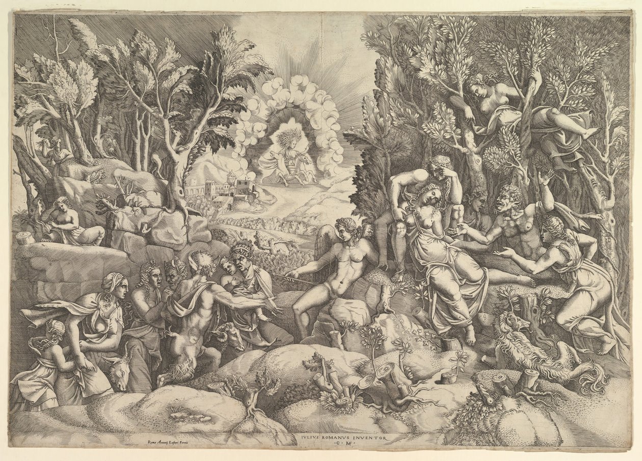 Procris död, Cephalus sörjer Procris död till höger omgiven av..., ca. 1540. av Giorgio Ghisi