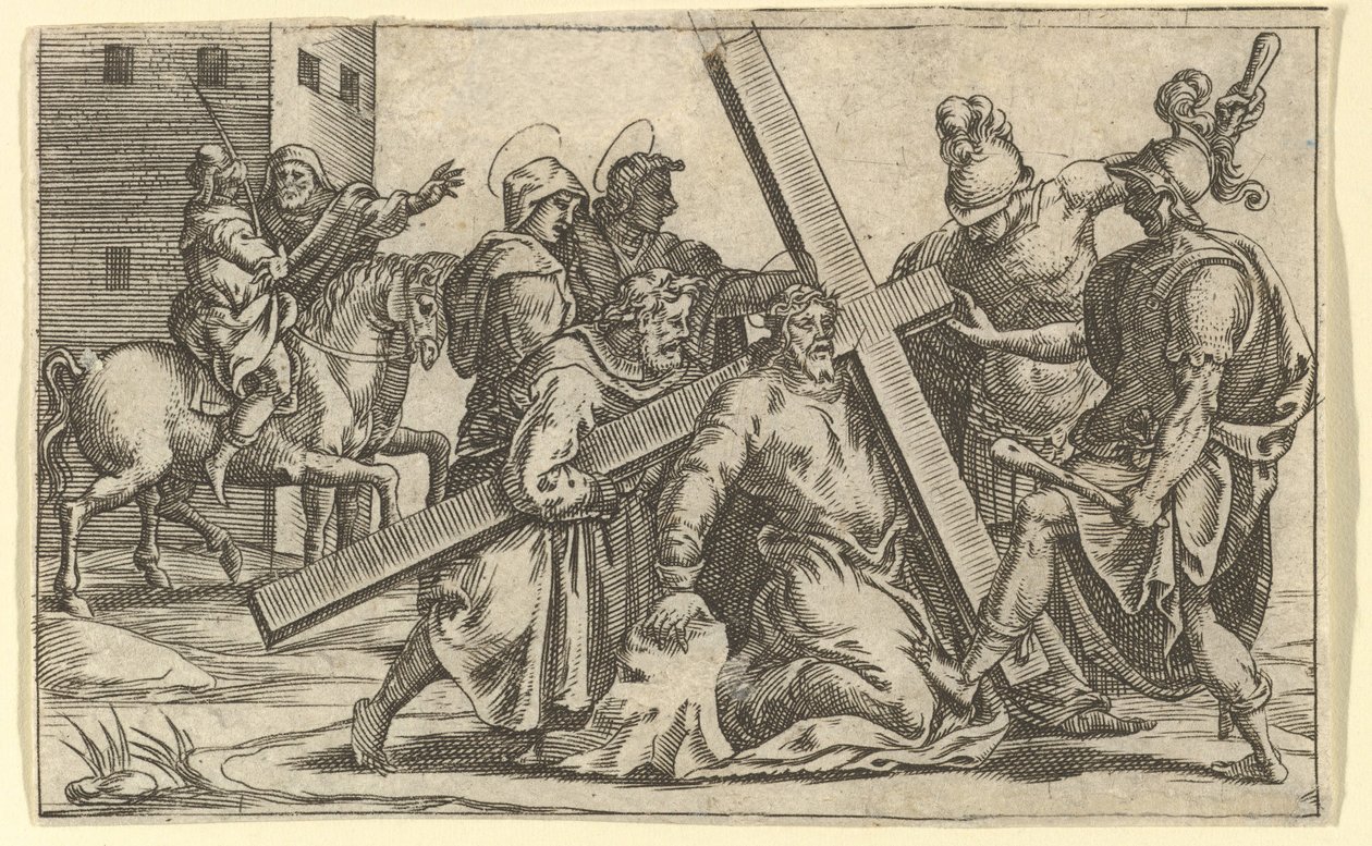 The Virgin of Sorrows: Christ Bearing the Cross, en av nio omgivande fack f..., år 1575. av Giorgio Ghisi