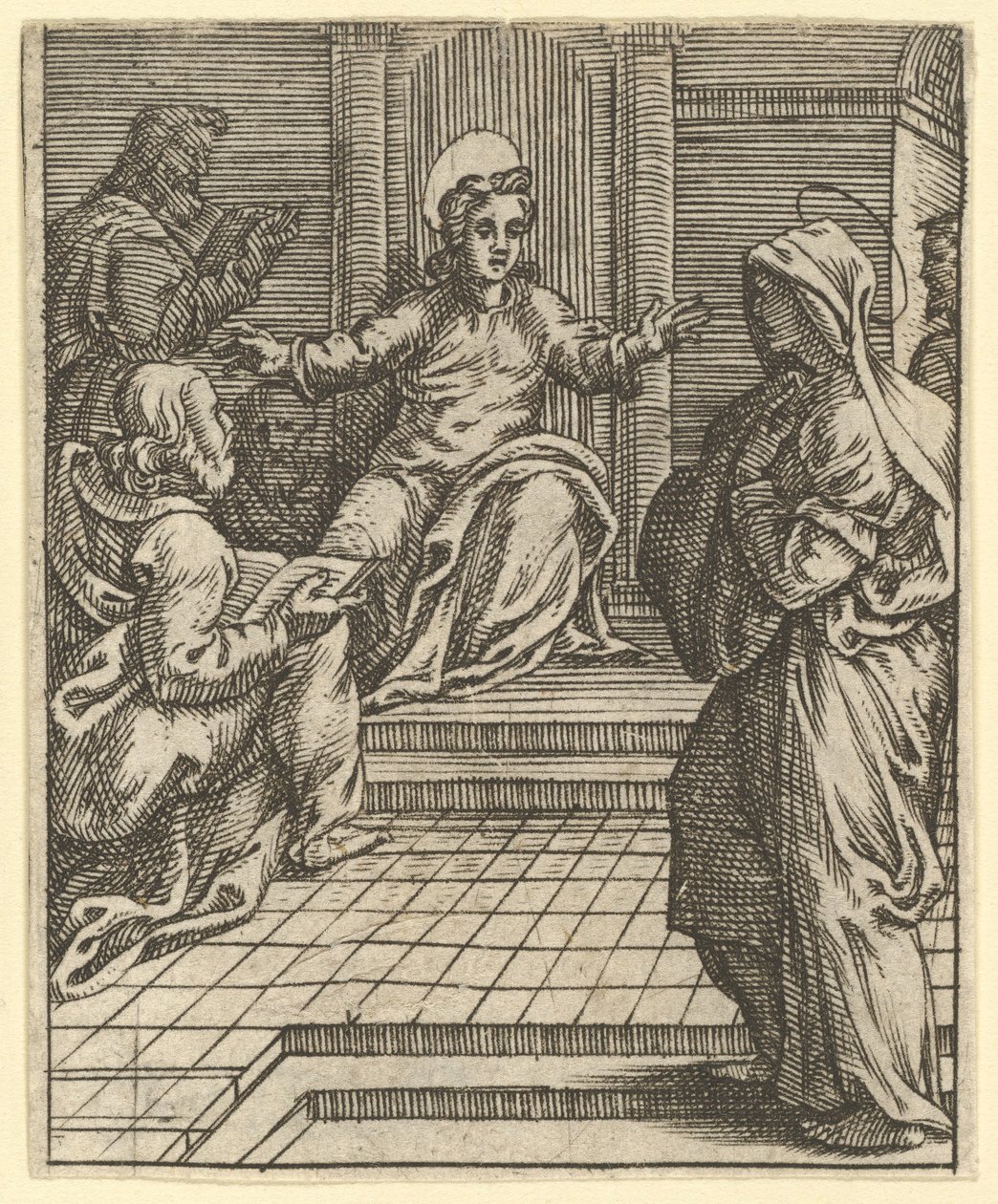 The Virgin of Sorrows: Christ Disputing with the Doctors, en av nio omgivande compa..., år 1575. av Giorgio Ghisi