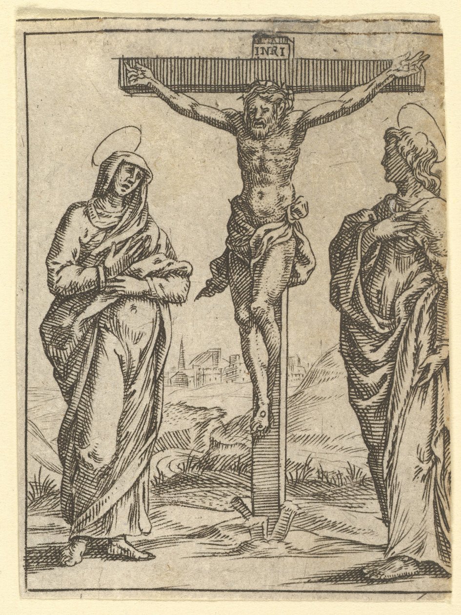 The Virgin of Sorrows: The Crucifixion, en av nio omgivande fack från V..., år 1575. av Giorgio Ghisi