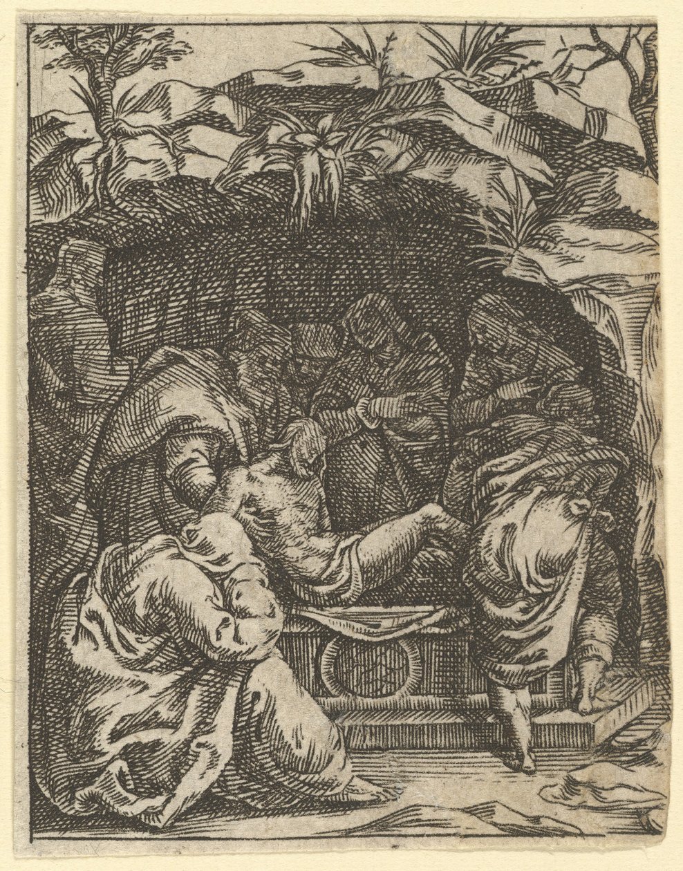 The Virgin of Sorrows: The Entombment, en av nio omgivande fack från Vi..., år 1575. av Giorgio Ghisi