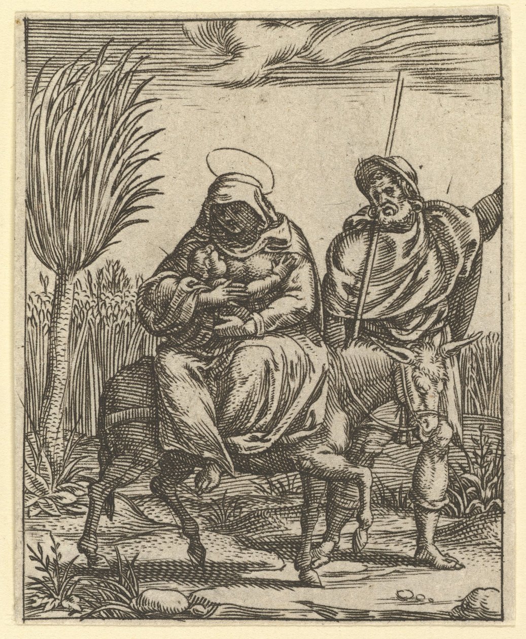 The Virgin of Sorrows: The Flight into Egypt, en av nio omgivande fack från..., år 1575. av Giorgio Ghisi