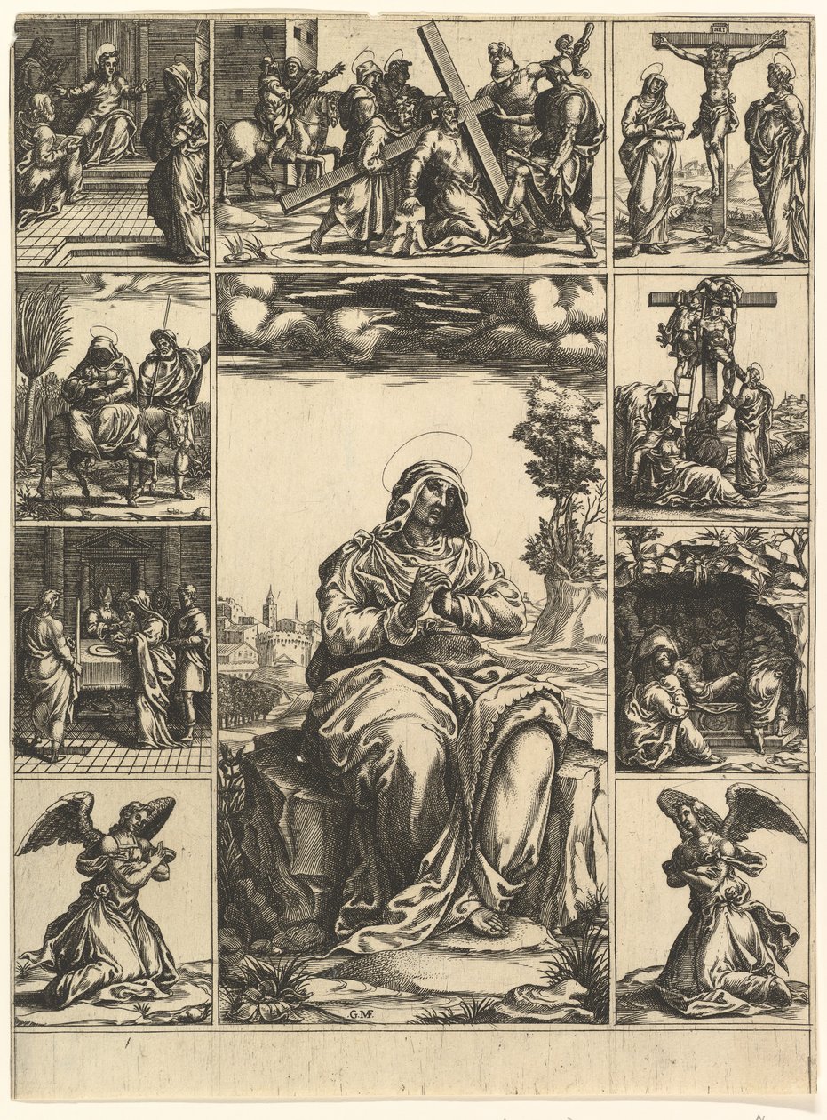 Jungfrun av sorger, en bild av Jungfru Maria omgiven av nio vinjetter föreställer..., ca. 1575. av Giorgio Ghisi