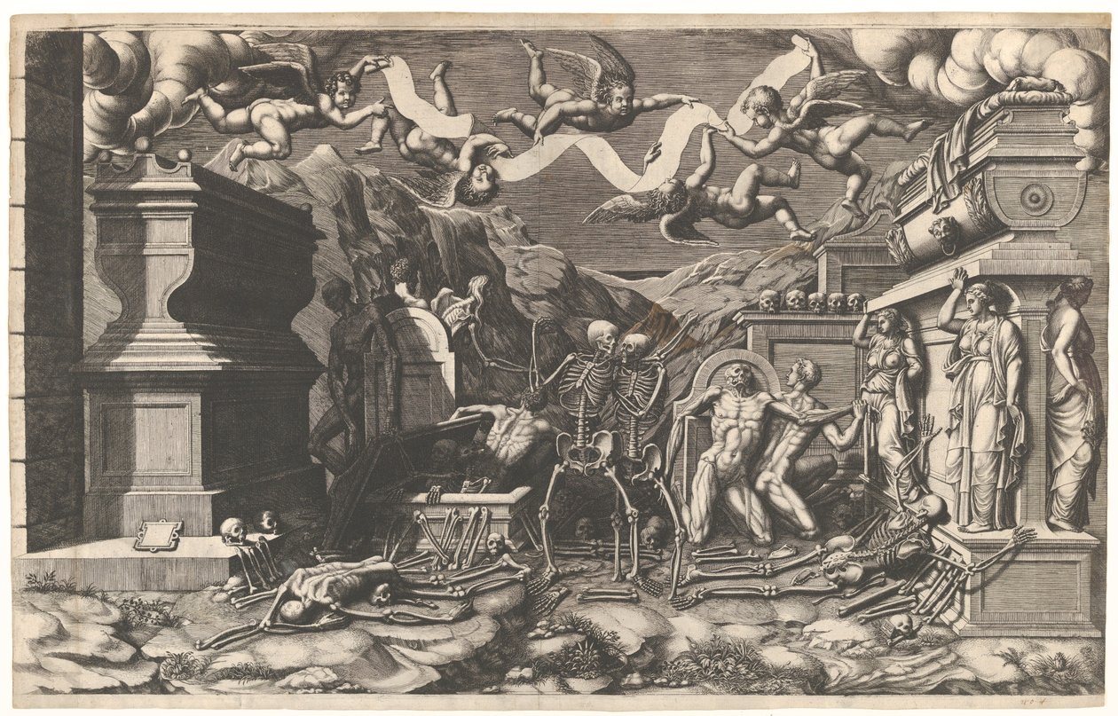 The Vision of Ezekiel, en grupp lik och skelett som dyker upp ur gravar, ovanför dem ..., 1554. av Giorgio Ghisi