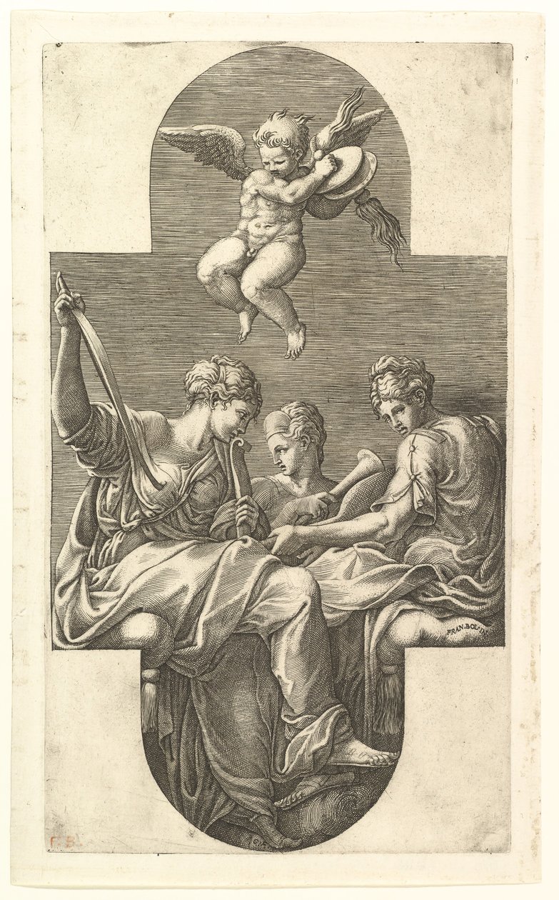 Three Muses and a Putto with Cymbals, en korsformad komposition, från en serie om åtta kom..., 1560-talet. av Giorgio Ghisi