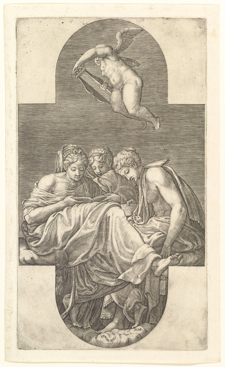 Three Muses and a Putto with a Lyra, en korsformad komposition, från en serie om åtta komp..., 1560-tal. av Giorgio Ghisi