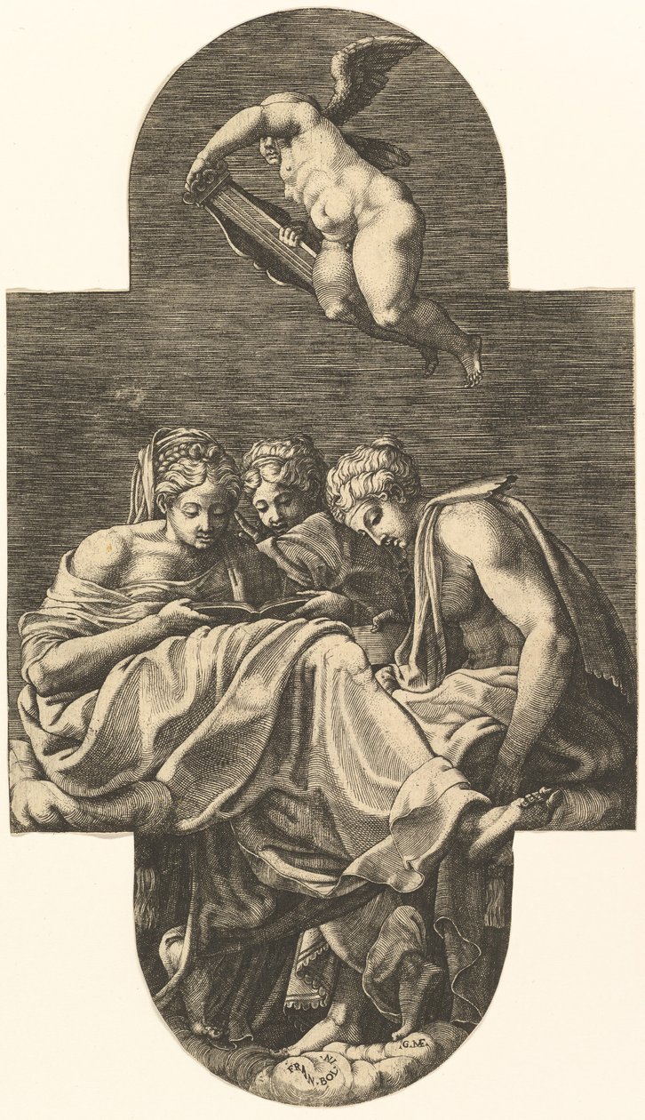Tre musor och en putto ovan med en lyra, från en serie om åtta kompositioner efter Fran..., 1560-talet. av Giorgio Ghisi