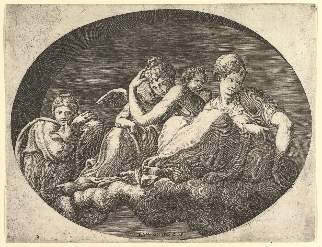 Venus och Amor, Två andra gudinnor och en Putto, från en serie om åtta kompositioner av..., 1560-talet. av Giorgio Ghisi