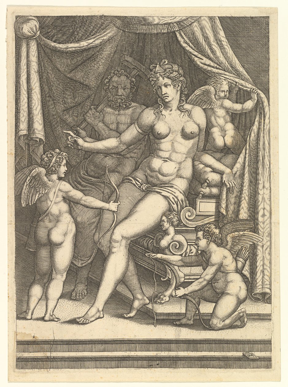 Venus och Vulcan sitter på en säng och tre putti, mitten av 1550-talet. av Giorgio Ghisi