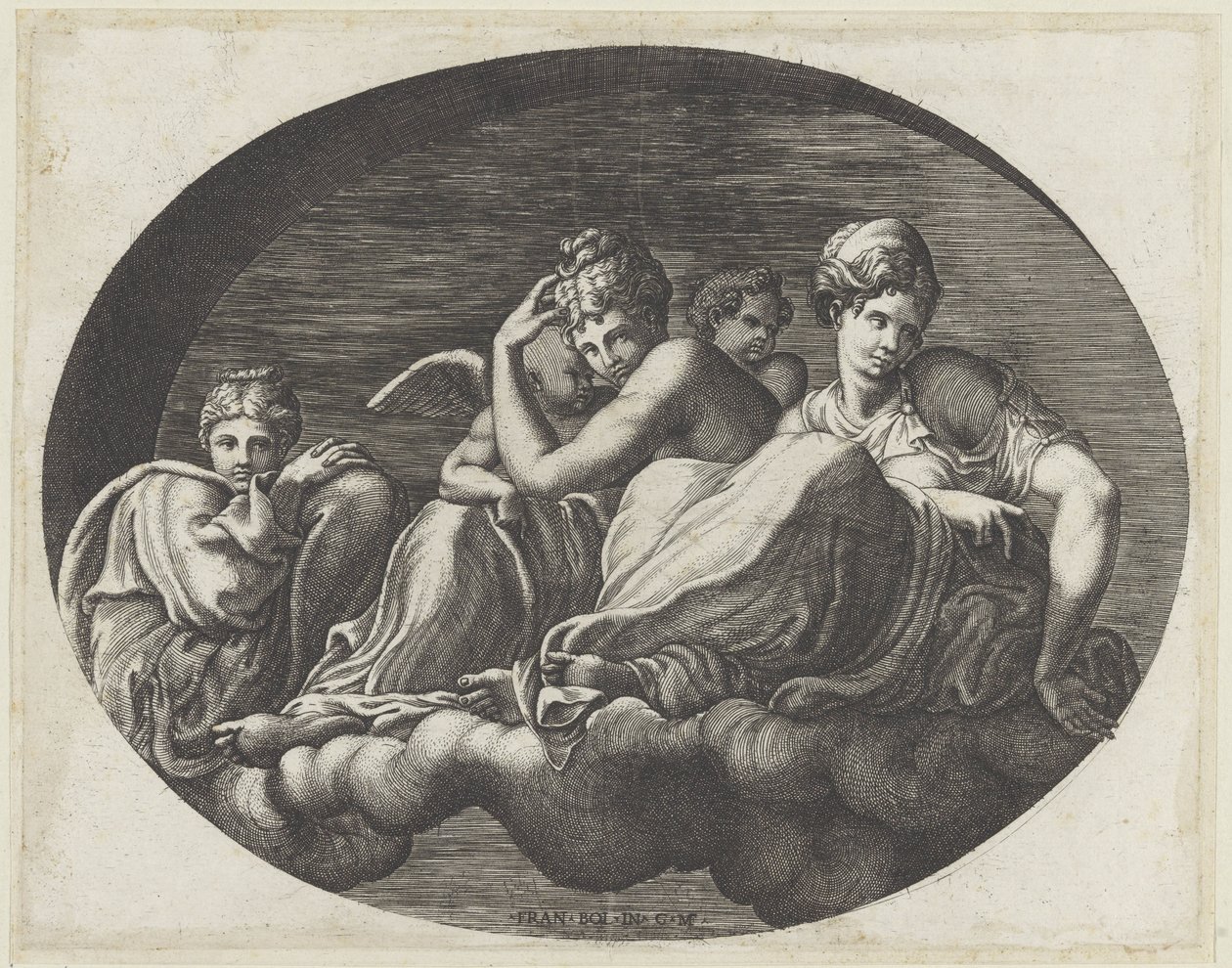 Venus, två gudinnor och två putti Ovala takmålningar i Galerie d